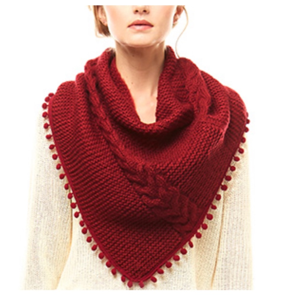 New Cable knit Burgundy red scarf with pom-poms